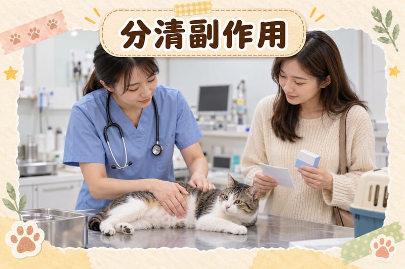 獸醫診所診察室內，獸醫輕按短毛家貓腹部檢查，主人喺旁邊拎住藥盒同紀錄紙