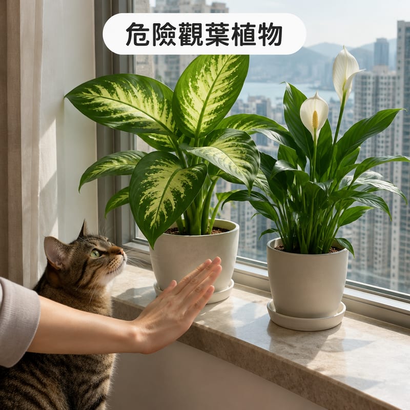 香港單位窗台上一盆黛粉葉同一盆馬蹄蓮,主人一手輕擋住貓咪,貓咪好奇抬頭聞植物