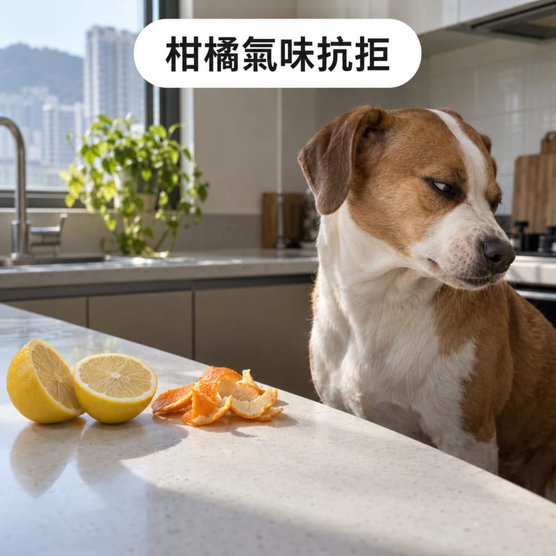 廚房檯面放住切開嘅檸檬同橙皮,一隻狗皺鼻轉頭避開,主人站在旁邊