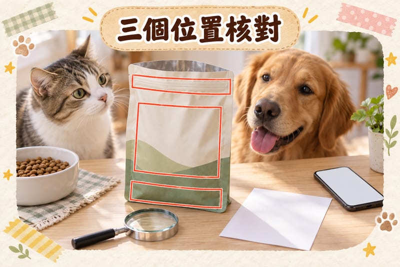 香港家居木桌上一個未開封寵物糧包裝旁邊放住放大鏡同手機，畫面用三個標記框指出包裝正面、袋口封口位同底部日期噴碼三個核對位置