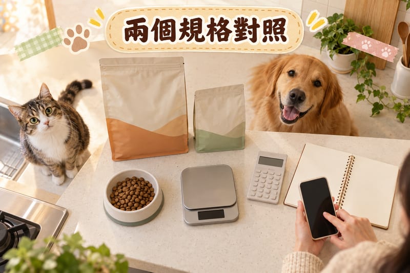 香港家居廚房檯面並排放住兩個不同規格嘅寵物糧包裝，旁邊有一部電子磅、一部計數機同一本打開嘅筆記簿，主人用手機計每公斤單價並填寫對照記錄