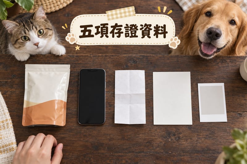 香港家居餐桌上攤開一件未開封寵物糧包裝，旁邊排列住智能手機、電子單據、付款紀錄截圖同一個裝住相片嘅相簿，示範五項存證資料排列整齊