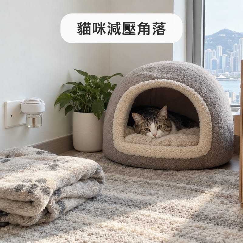 貓咪減壓角落:安靜房間角落放住半封閉貓窩,牆邊插座插住費洛蒙擴散器