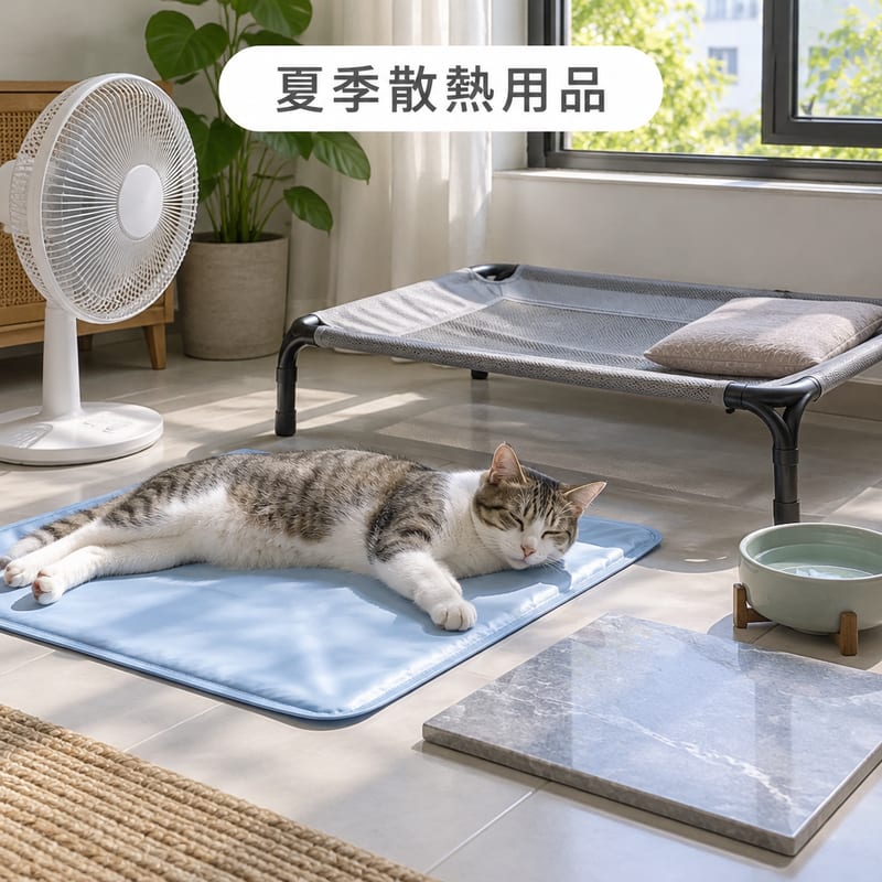 夏季散熱用品:磁磚地上放住凝膠涼墊同抬升網床,旁邊有風扇,一隻貓攤長身貼住涼面