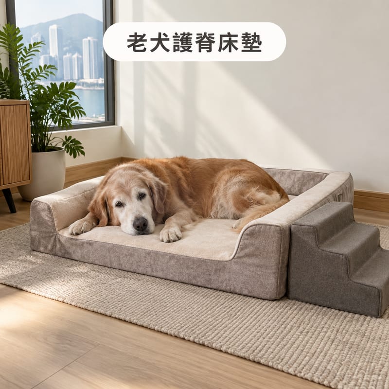 老犬護脊床墊:防滑地毯上放住低圍邊記憶棉狗床,一隻老年犬舒服地趴喺上面休息