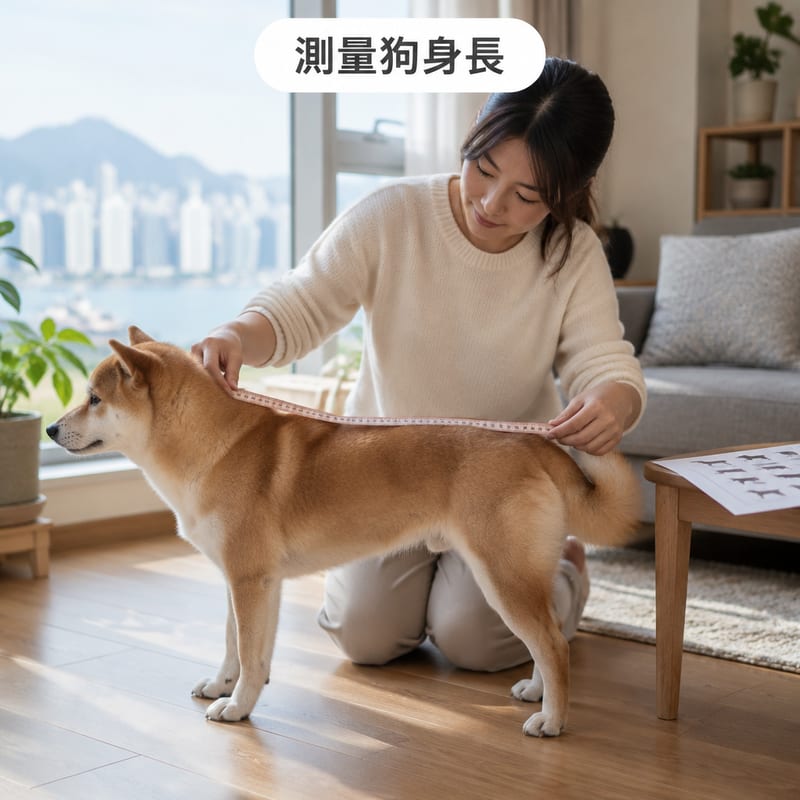 主人用軟尺由一隻四腳站直嘅中型犬頸背沿脊骨量到尾根,旁邊矮枱放住一張尺碼表