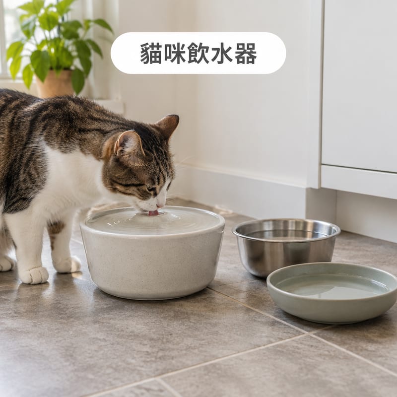 貓咪喺陶瓷循環飲水器前面飲水,旁邊放住一個不鏽鋼水碗同一個淺碟型大碗,展示唔同材質同形狀