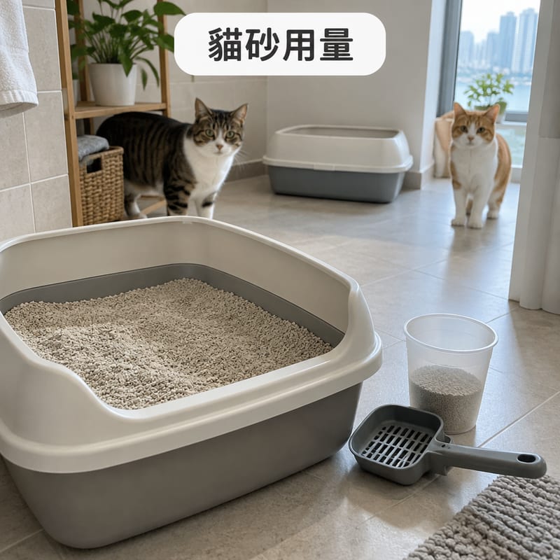一個放滿凝結貓砂嘅砂盆,旁邊有砂鏟同量杯,背景有兩隻貓示範按貓數增加砂盆數目