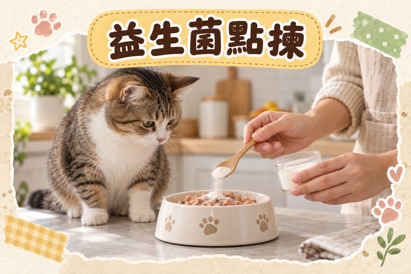 貓咪同狗狗益生菌產品比較圖,展示咀嚼片同粉劑包裝同標籤菌株名稱