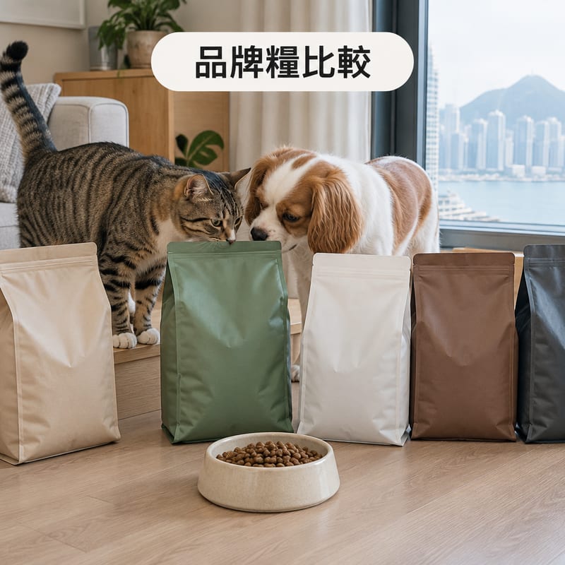 香港住宅單位淺色木地板上,橫排放住幾包唔同品牌嘅貓狗糧,前面放住一個不鏽鋼食碗,一隻虎斑貓同一隻細型唐狗一齊行近其中一包糧