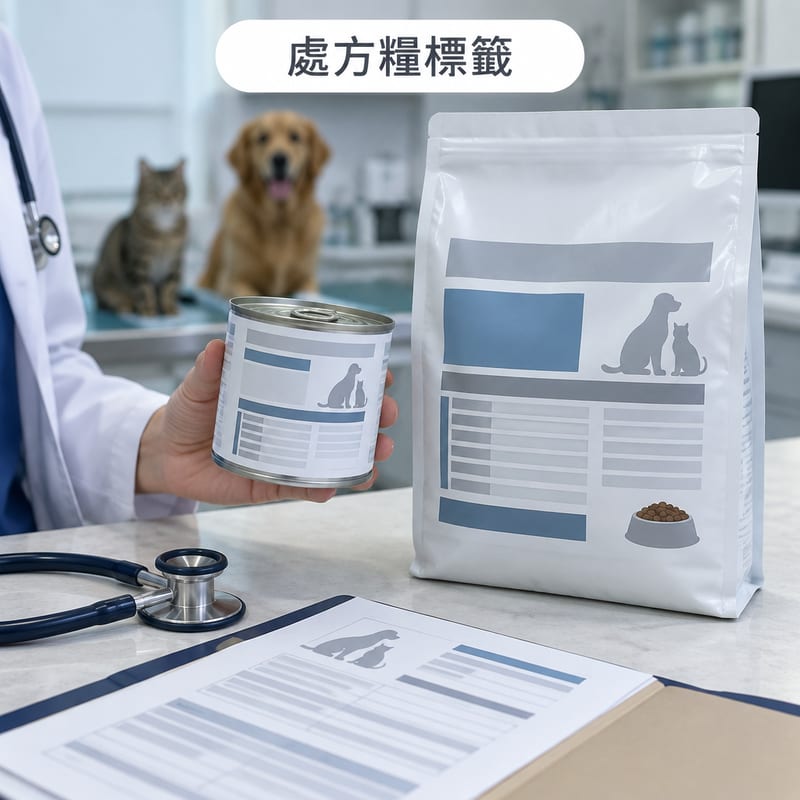 白色檯面上放住一個獸醫處方糧罐頭,罐身嘅成份表同營養標示面板清晰可見,一隻手正握住罐身細看,旁邊放住一本打開嘅病歷資料夾同聽診器,燈光偏冷