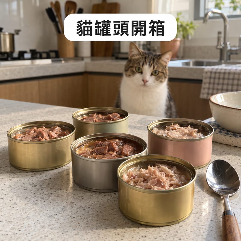 香港住宅廚房檯面上,放住幾個打開咗嘅貓罐頭,旁邊有一支匙羹,一隻貓坐喺不遠處等待,日光從窗邊照入