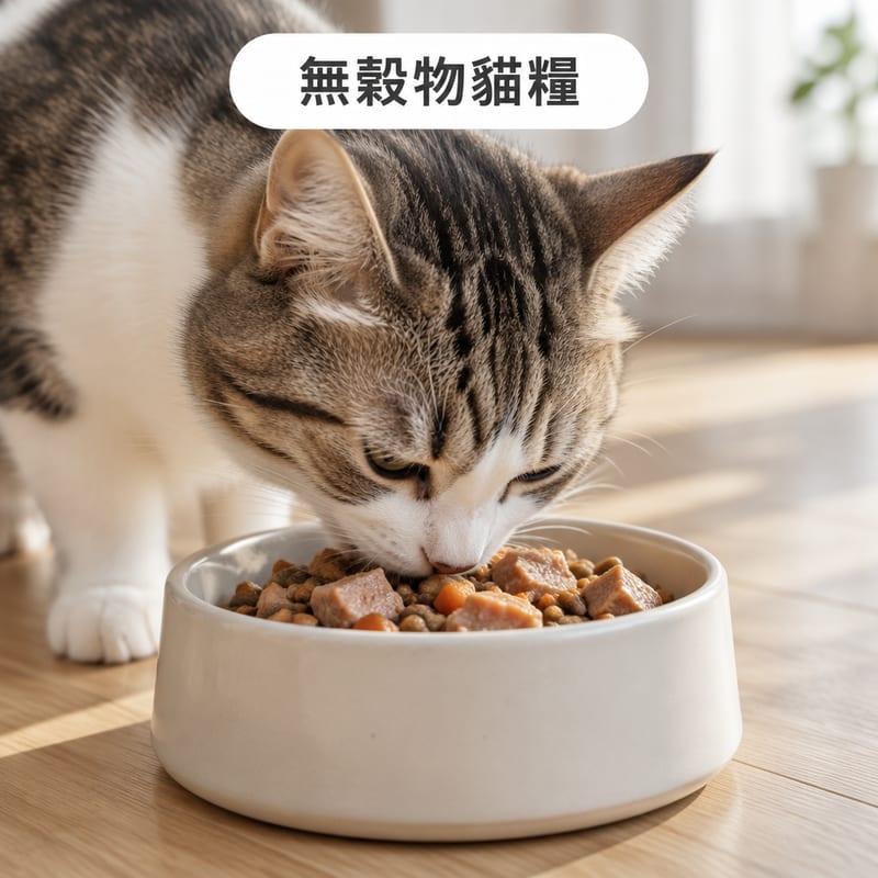 無穀物貓糧碗內可見肉塊,旁邊一隻貓正低頭進食