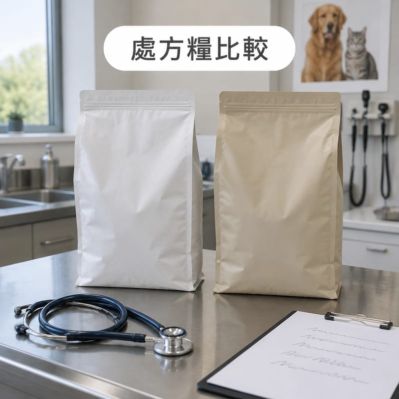 獸醫診所檯面上並排兩包處方糧,分別屬 Hills 同 Royal Canin