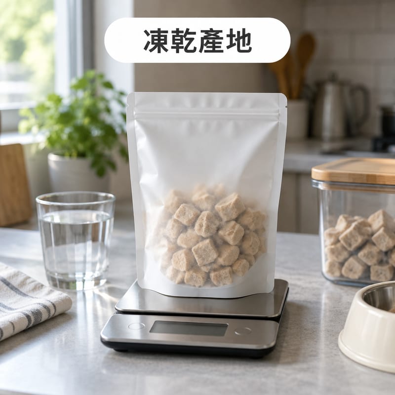 凍乾寵物食品包裝放喺廚房磅上,包裝標示原產地位置清晰可見