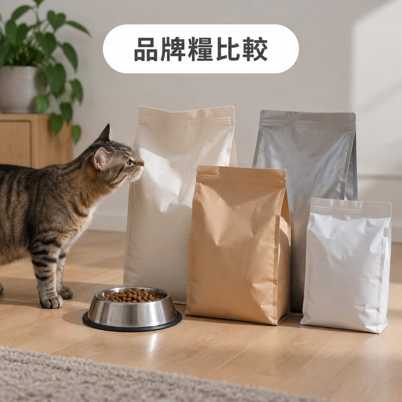 木地板上並排擺放幾個唔同品牌嘅貓狗糧包裝同一個裝住乾糧嘅碗,一隻短毛貓低頭嗅其中一袋