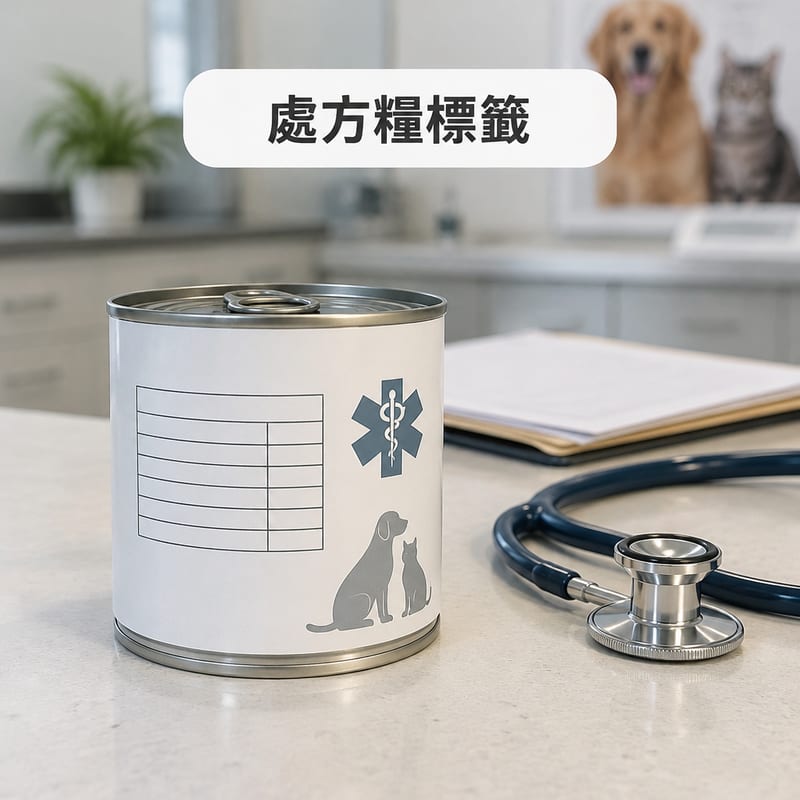 淺色檯面上一個獸醫處方貓糧罐頭,罐身營養標籤清楚可見,旁邊放住一本打開嘅病歷資料同一個聽診器