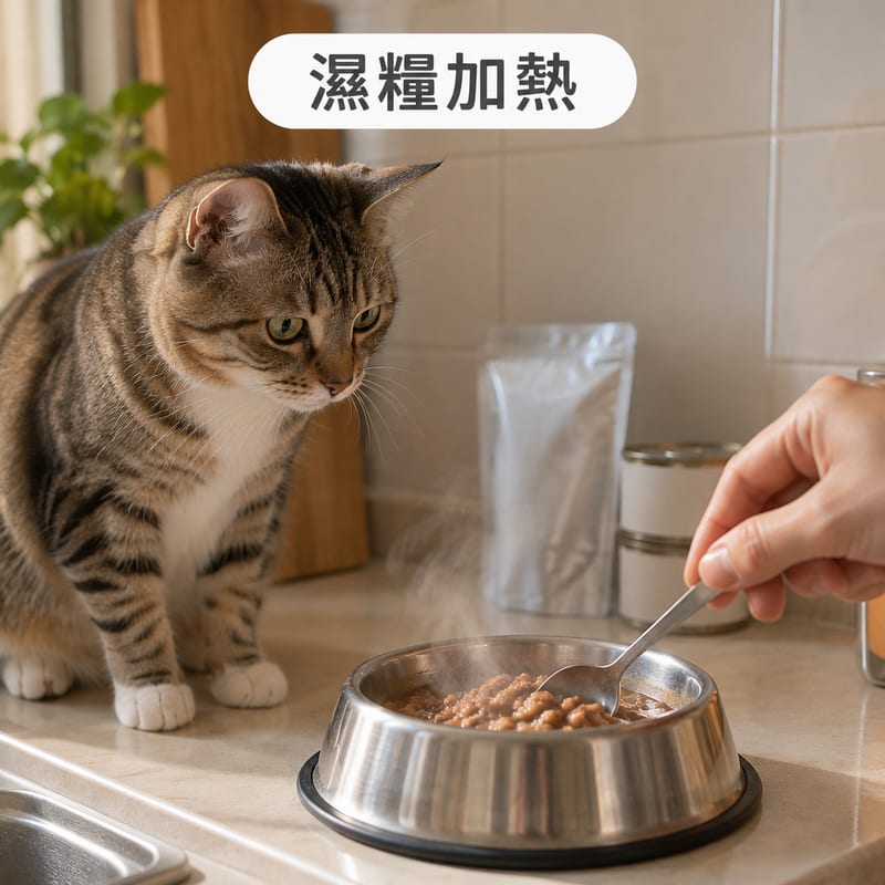 不鏽鋼貓碗裝住微暖嘅濕糧,匙羹輕輕拌勻,旁邊有一隻短毛貓喺香港單位廚房等候