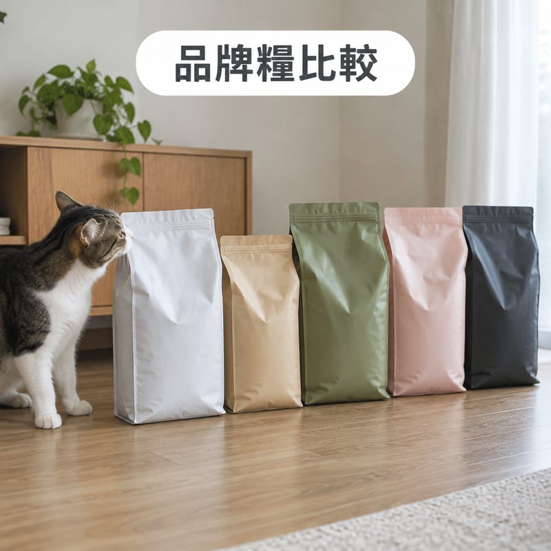 幾個唔同品牌嘅貓狗糧包裝袋並排放在木地板上,袋口分別夾住食物夾,一隻短毛貓低頭聞其中一袋
