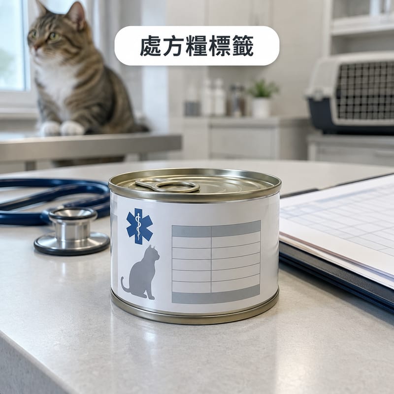 獸醫處方貓糧罐頭嘅近拍,罐身營養標籤清晰可見,旁邊放住一本打開嘅病歷紀錄同聽診器
