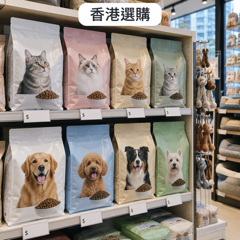 香港寵物店貨架上陳列住多款進口貓狗糧包裝袋,貨架邊貼有港幣價錢牌,地面乾淨整齊
