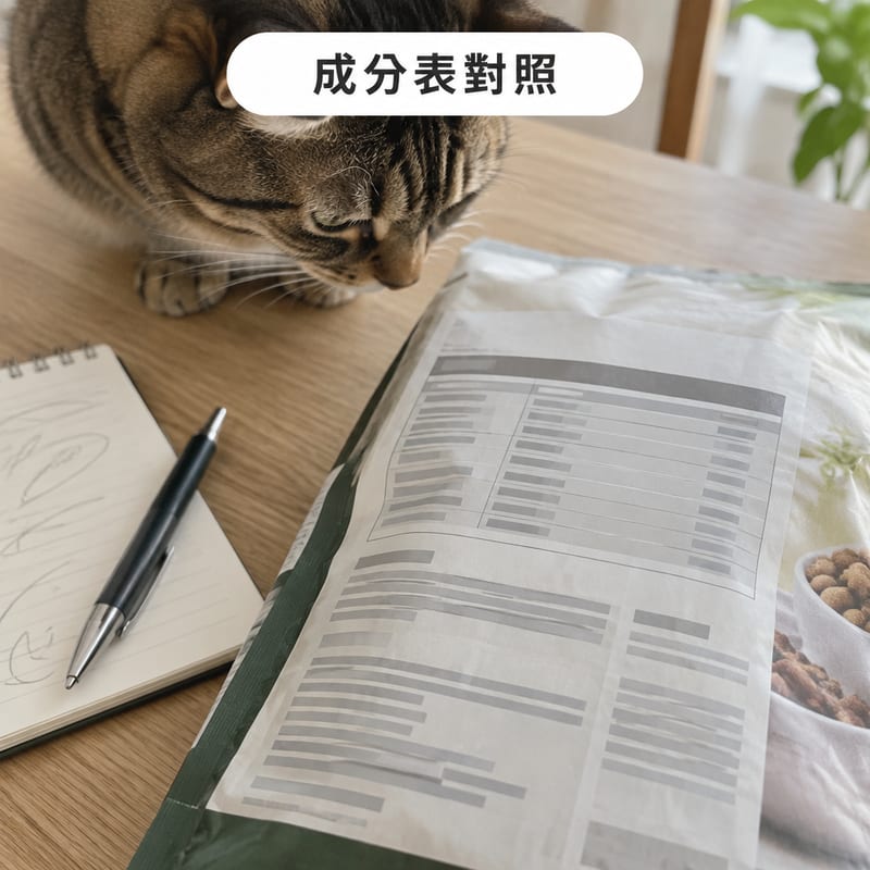 香港家居木檯上一包英文包裝貓糧翻到背面,旁邊放住一支筆同一本筆記簿,筆記上寫住幾個英文標示欄位名稱,光線柔和