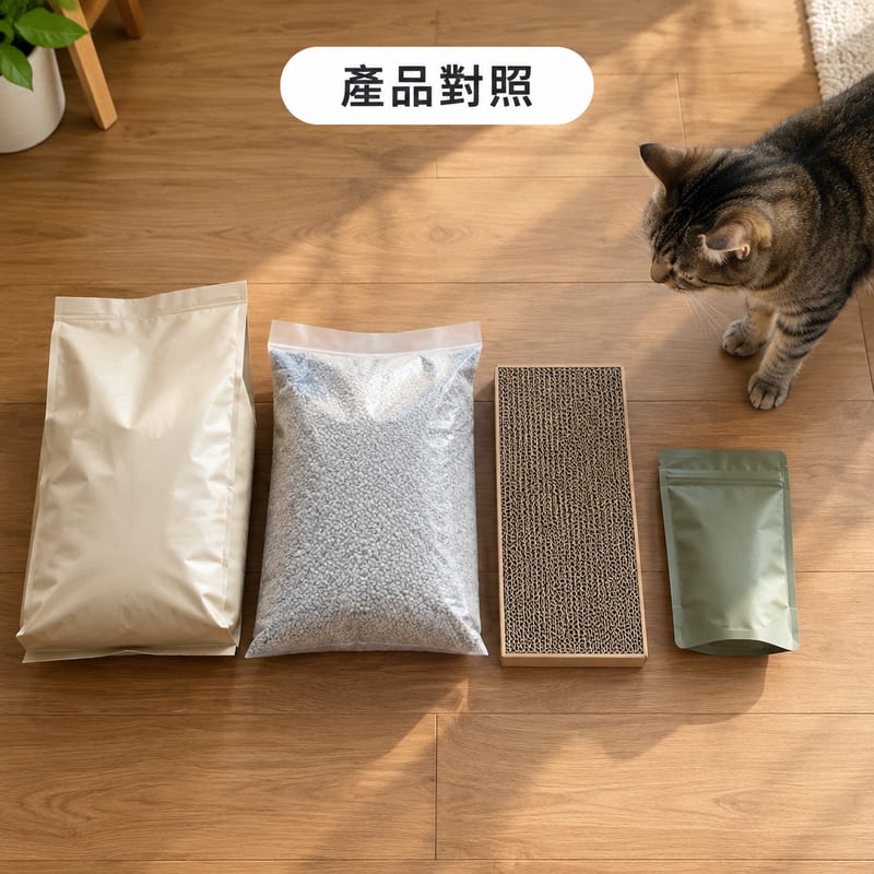 香港住宅單位地上放住一包英文包裝貓糧、一包豆腐貓砂同一個貓抓板,旁邊一隻唐貓正在磨爪,背景係簡單嘅木地板同白牆