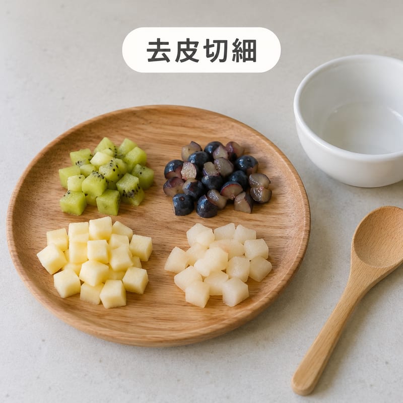 木盤上分成幾格放住切細嘅奇異果粒、藍莓、蘋果粒同梨粒,旁邊有一隻細陶瓷碗同一個廚房電子磅