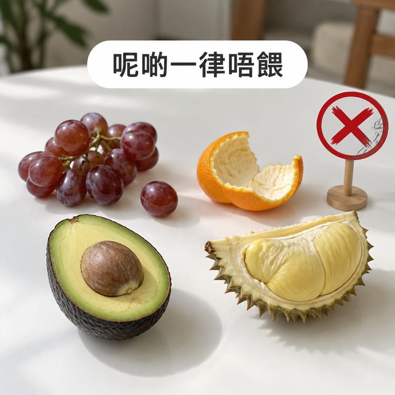 白色檯面上並排放住一整個提子、一塊橙皮、半個牛油果同一瓣榴槤,旁邊有一個紅色警告交叉標誌