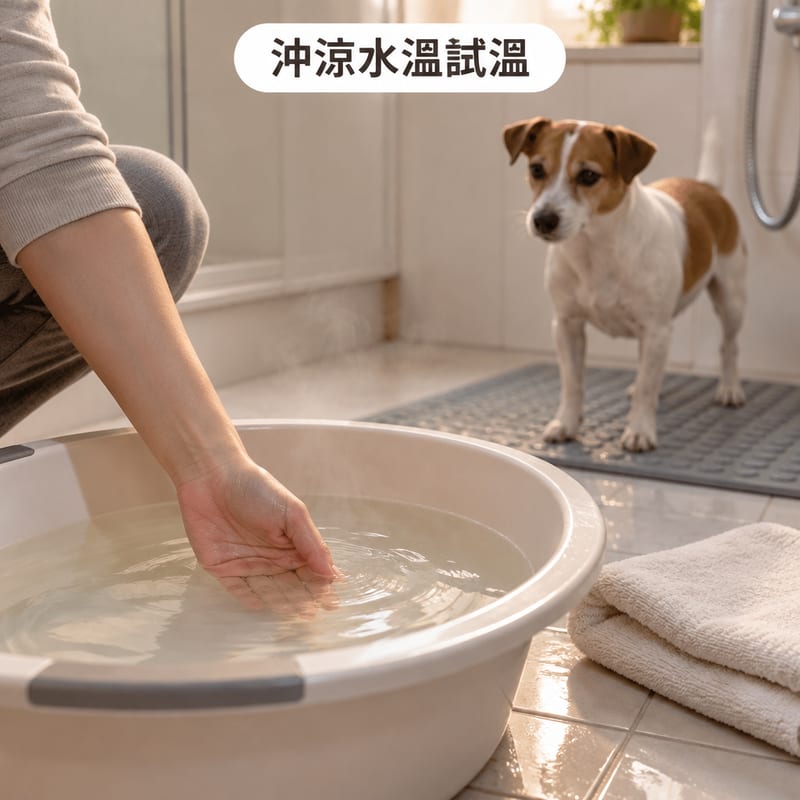 主人用手腕測試淺水盆內嘅水溫,旁邊有一條摺好嘅毛巾同防滑浴墊