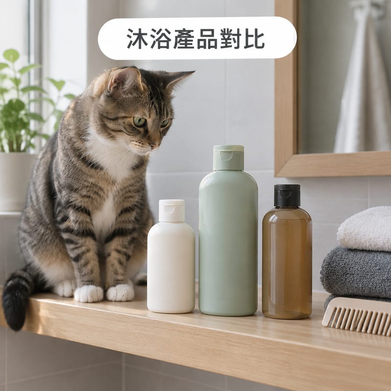 三支冇品牌標示嘅寵物沐浴露並排放喺浴室層架上,旁邊有一疊毛巾同一把梳