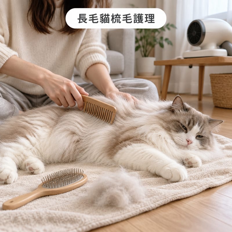 主人用寬齒排梳替長毛貓梳毛,貓放鬆側躺喺毛巾上,旁邊有一堆梳落嚟嘅毛