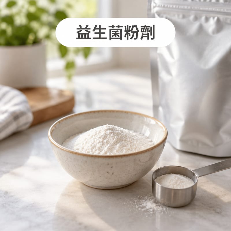 乾淨廚房檯面上一個小陶瓷碗裝住白色益生菌粉,旁邊放住一把量匙同密封袋,光線柔和