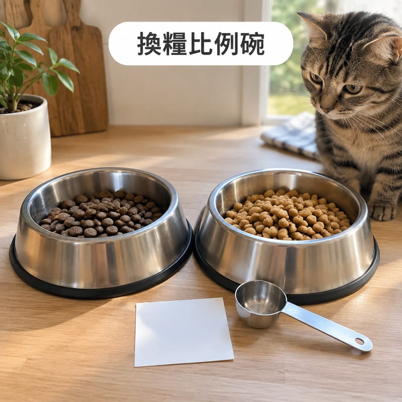 兩個不鏽鋼寵物碗並排放喺木檯面上,一個裝住舊乾糧一個裝住新乾糧,旁邊放住一張手寫比例紙條同一把量匙