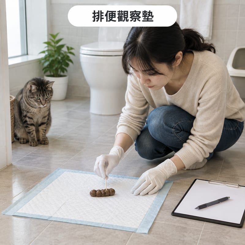主人在白色尿墊上戴住手套檢查糞便樣本,旁邊放住一本記錄簿同一支筆