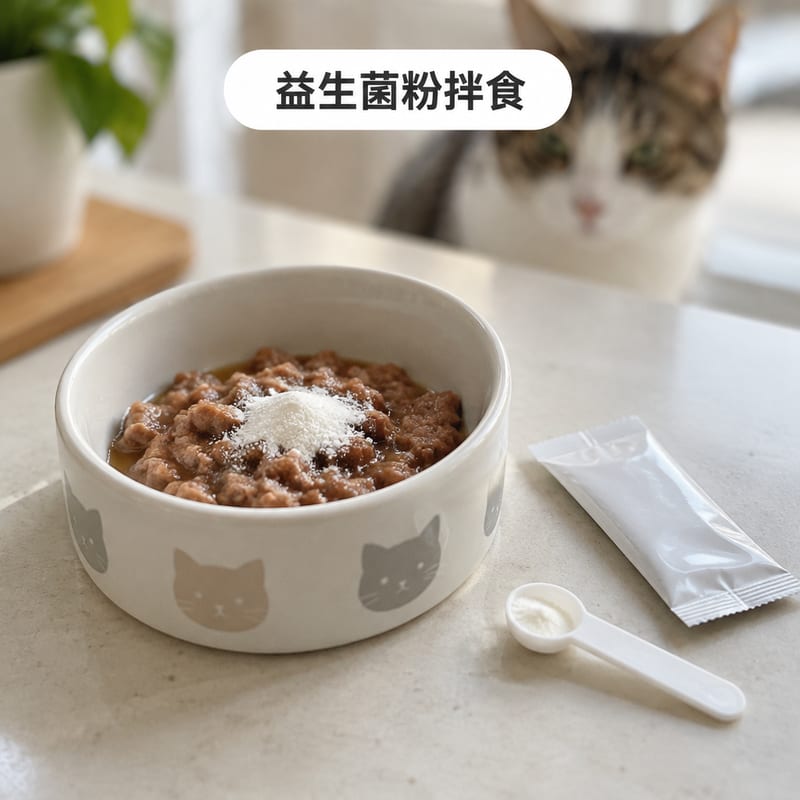 乾淨廚房檯面上一個小陶瓷碗裝住白色益生菌粉,旁邊放住一把量匙同密封袋,光線柔和