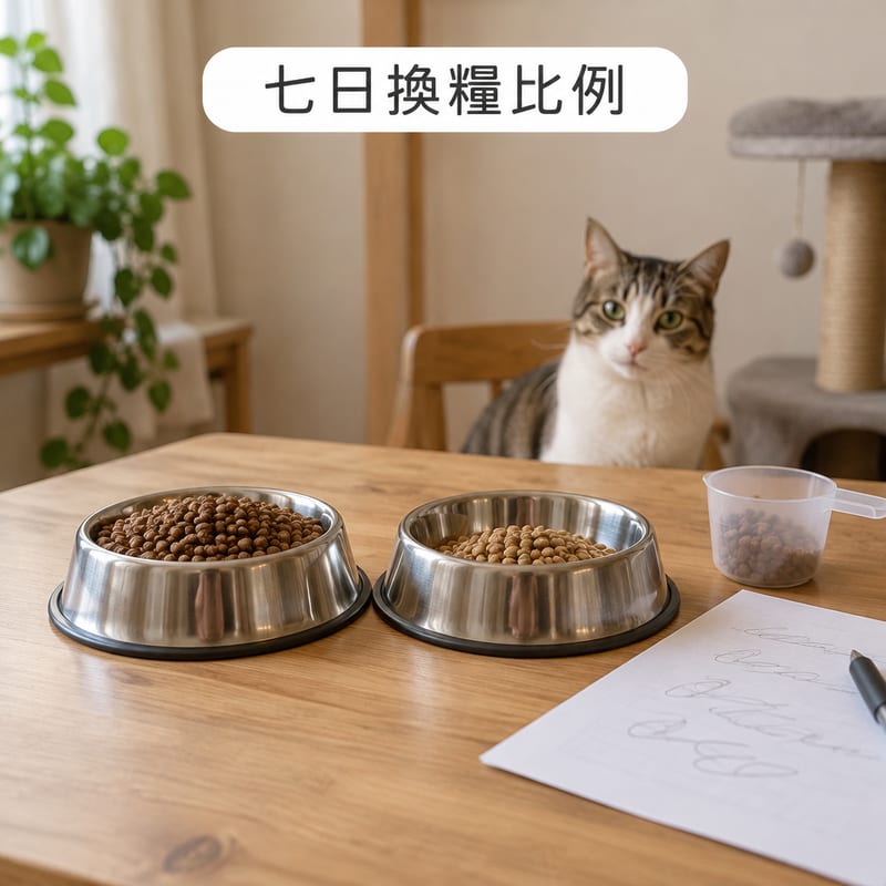 兩個不鏽鋼寵物碗並排放喺木檯面上,一個裝住舊乾糧一個裝住新乾糧,旁邊放住一張手寫七日比例紙條同一把量匙