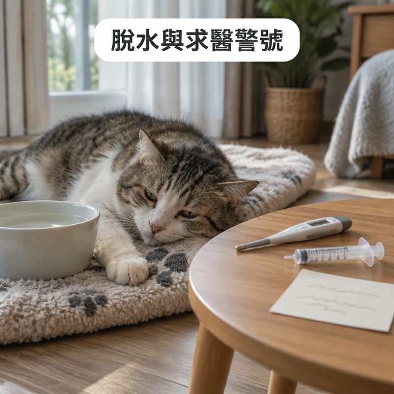 一隻貓軟弱地躺在地墊上,旁邊放住一個水碗,檯上有一支寵物探熱針、餵食用嘅針筒同一張獸醫診所預約卡