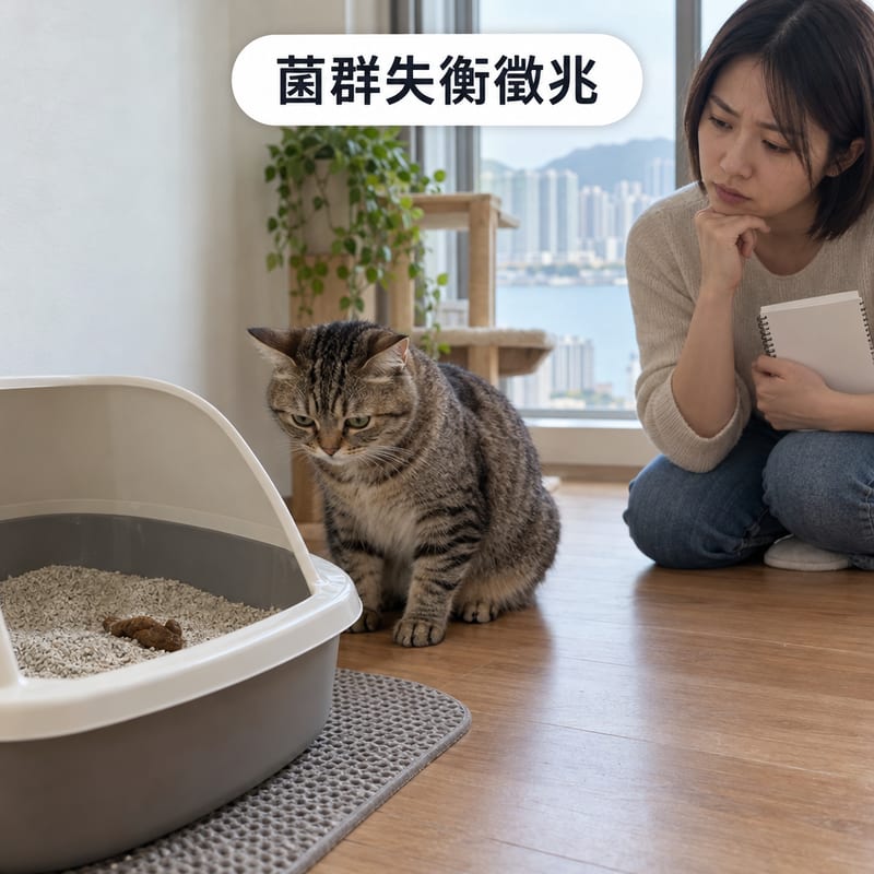 壓力下嘅貓咪蹲在貓砂盆旁邊,砂盆內有偏軟糞便,主人在旁邊觀察記錄