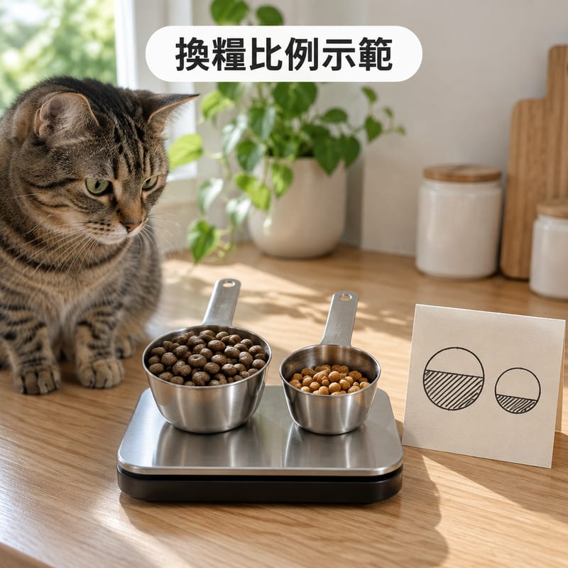 廚房磅上兩個量匙分別裝住舊貓糧同新貓糧,旁邊放住一張七日換糧比例表
