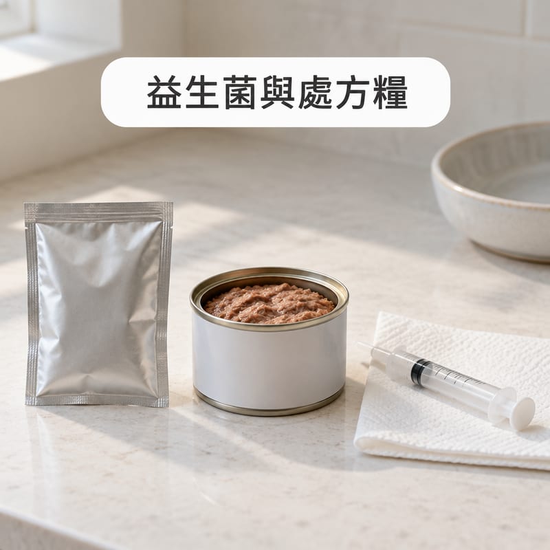 乾淨檯面上放住一包益生菌粉、一罐腸胃道處方貓罐頭同一支餵食針筒