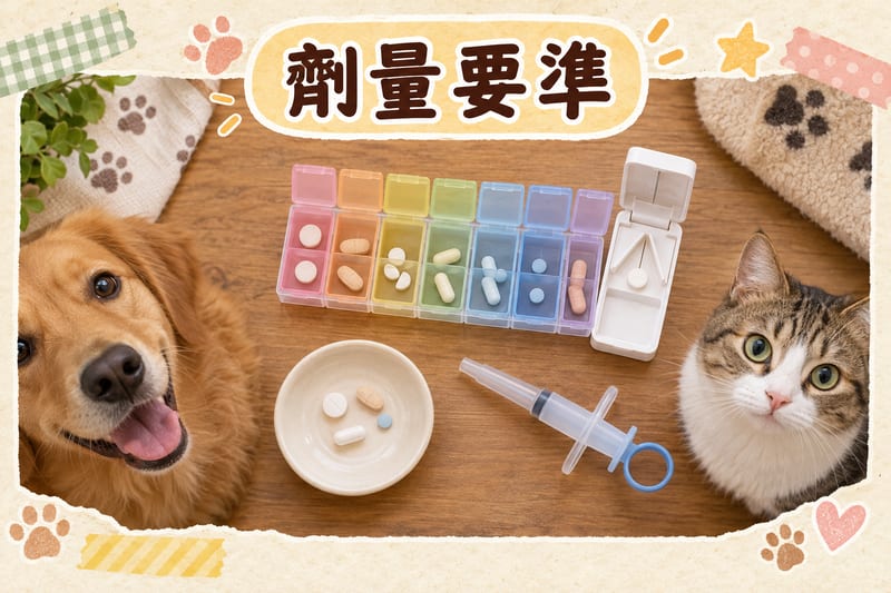 獸醫診所診療枱上擺放藥丸、餵藥器同針筒,一隻貓咪同一隻狗狗安靜坐喺旁邊