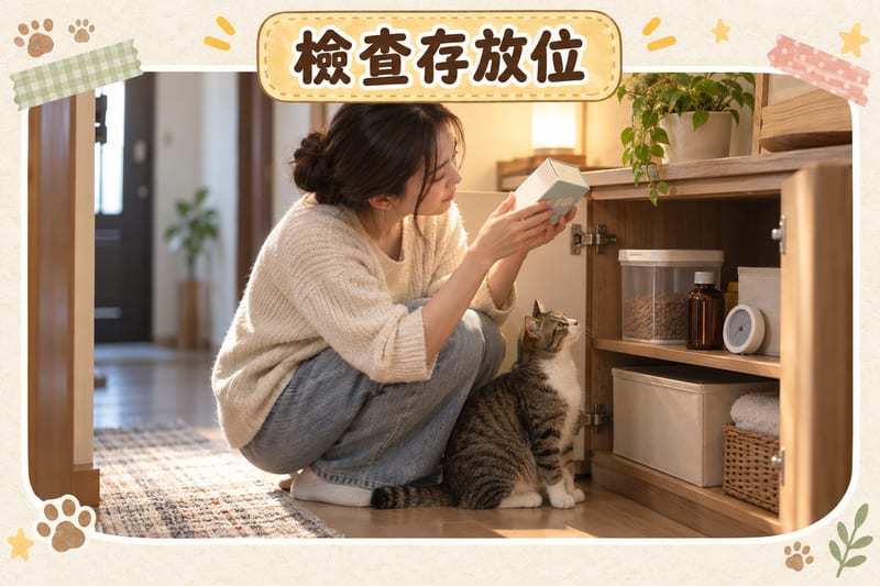 貓咪坐喺乾爽矮櫃旁,主人一手拎住貼有開封日期嘅藥盒檢查,櫃內有密封盒同濕度計