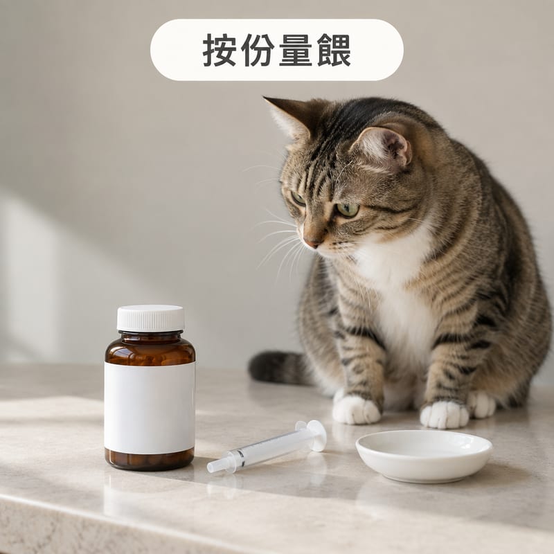 香港家居檯面上一個寵物維生素樽、一支無針餵食針筒同一個小碟,旁邊有一隻短毛貓好奇望住