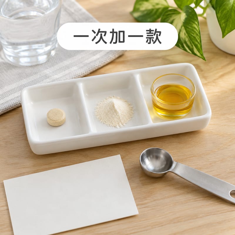分格小碟上分別放住一粒綜合維生素片、一匙益生菌粉同一小杯魚油,旁邊有量匙同標籤記錄卡