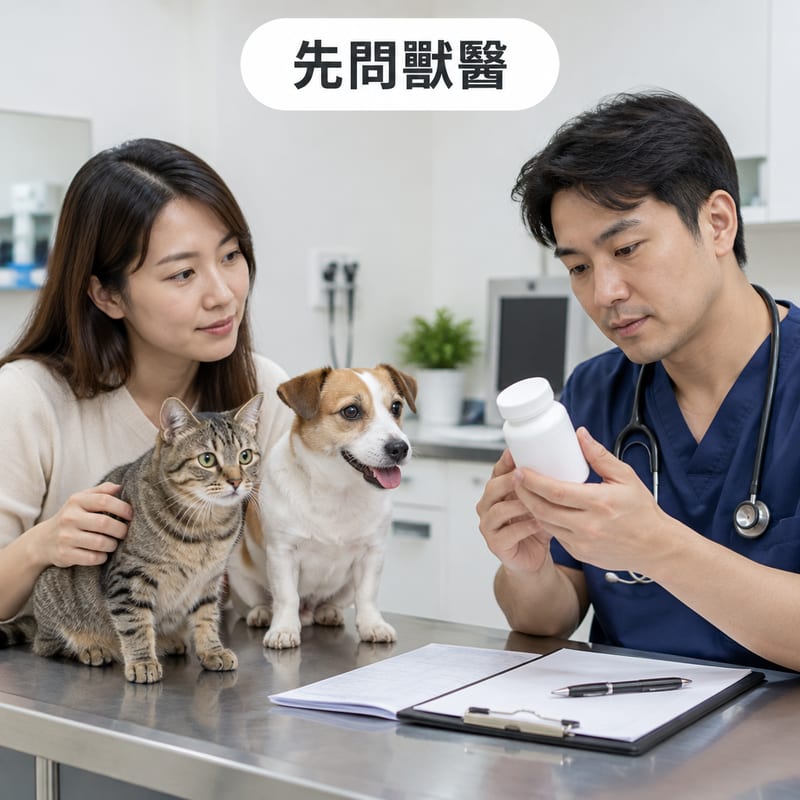 獸醫診所檯面上一隻貓同一隻狗分別坐喺主人旁邊,獸醫手上拿着補充劑樽同標籤細看,檯面有檢驗報告同登記表