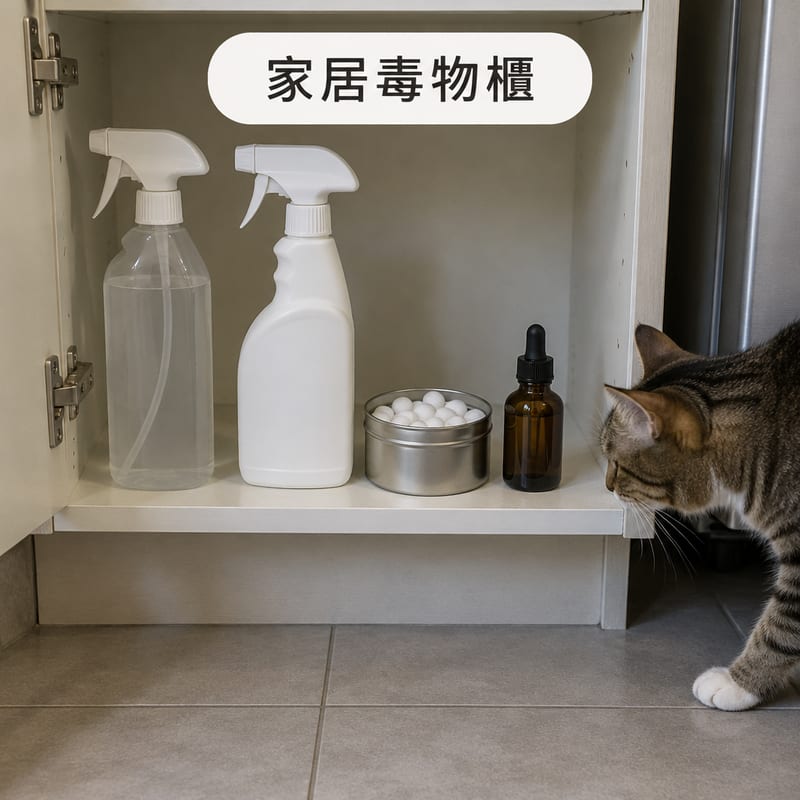 香港單位低身開放式地櫃內部放住清潔噴劑、一罐樟腦丸同一個精油玻璃瓶,一隻貓探頭嗅向櫃內,主人在旁邊準備關門