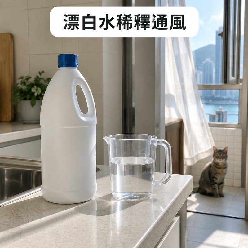 香港單位廚房檯面放住一支含氯漂白水同一個量杯,旁邊有一隻貓在幾步之外觀察,窗戶打開通風