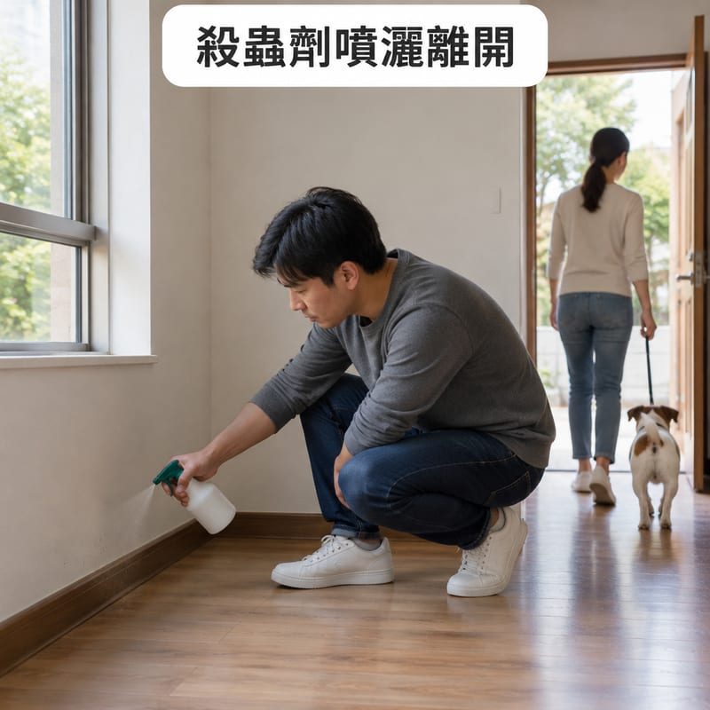屋內牆腳線旁邊有一個人正在噴殺蟲劑,另一邊有人拖住狗帶將狗狗帶離現場,窗戶打開