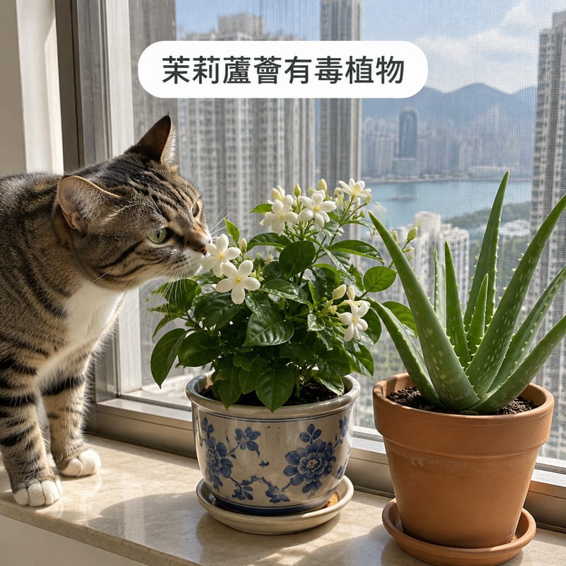 窗台上放住一盆茉莉花同一盆蘆薈,一隻貓咪好奇探頭靠近,旁邊有紗網阻隔